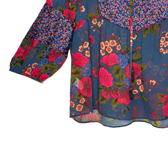 Daniel Rainn XXL Blue Floral Boho Peasant Blouse Sheer 3/4 Sleeve Tassel Tie - Picture 8 of 13